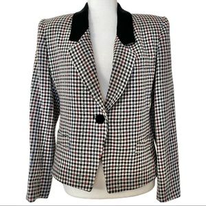 Bert Newman 100% Wool Blazer Size 6 Gingham Pattern with Velvety Collar